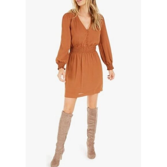 BAR III + Becca Tilley Brown Long Sleeve Smocked Waist Mini-Length Dress Large - Picture 1 of 11